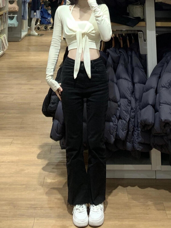 Crop t-shirty zestawy damskie proste czysta Camisole Slim Sexy gorące dziewczyny Knitting moda koreański styl Streetwear wypoczynek z długim rękawem