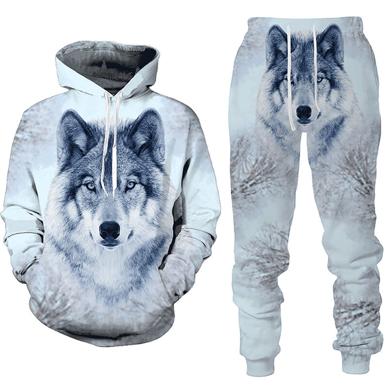 Conjunto de treino lobo floresta impresso em 3D masculino, terno capuz masculino, moletons casuais, moletom, roupas da moda, outono, inverno