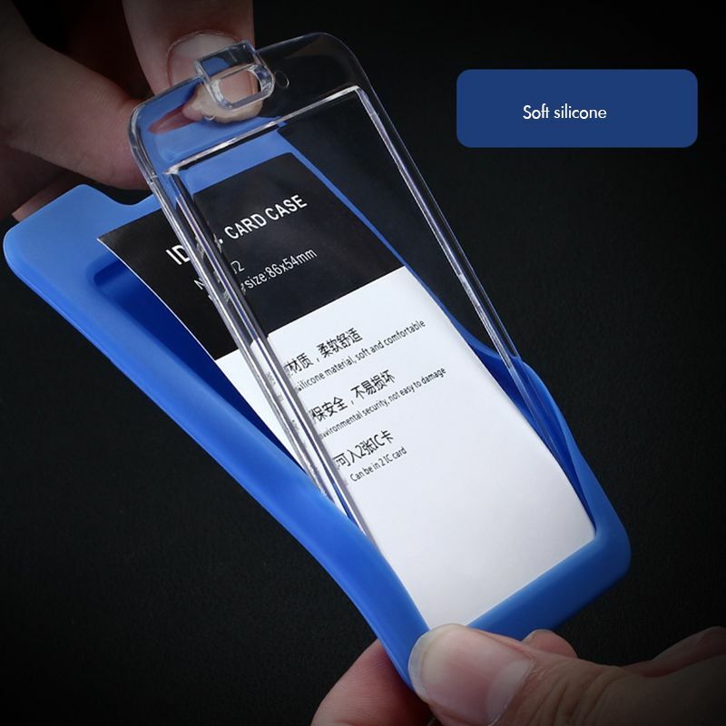 Suporte de crachá acrílico transparente com estojo de silicone, cordão retrátil, identificação vertical e suporte de crédito, cartão de carga dois