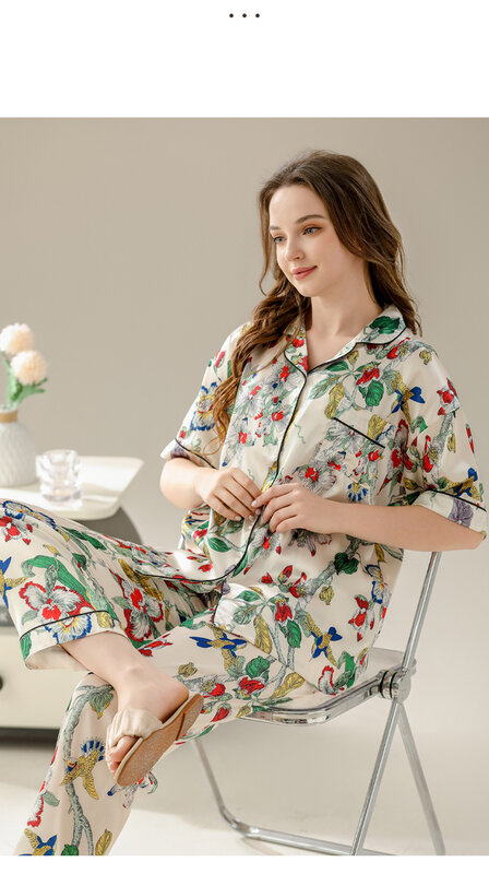 Conjunto de pijamas com estampa floral feminina, pijamas de seda falsa, manga curta pijama Homewear, primavera, verão, 2 peças