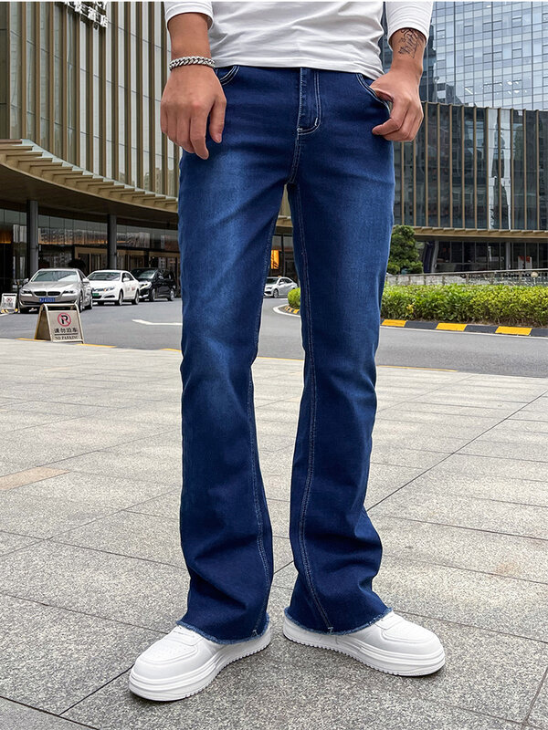 Calça jeans monocromática casual com stretch, masculino, primavera, preto e azul, moda clássica, bainha de bigodes de gato, 2024
