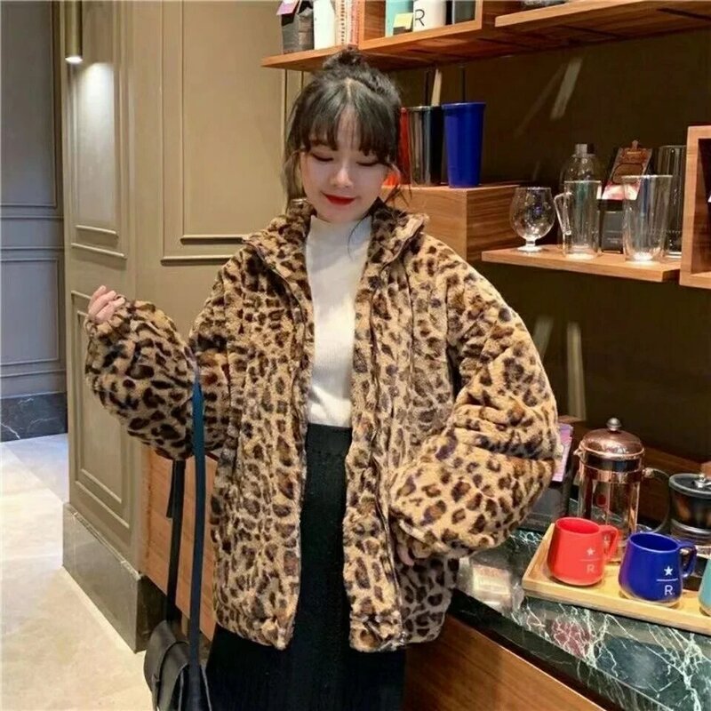 Winter koreanische Version lose warmes Lammhaar plus Größe Kurz mantel weiblicher Leoparden fell Plüsch mantel