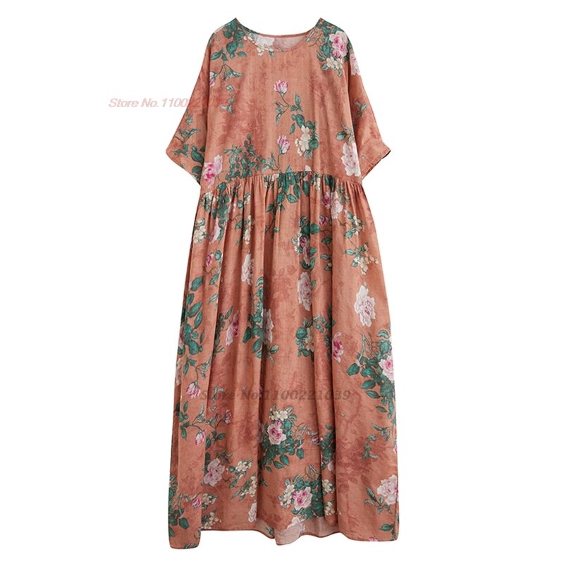 2024 chinese vintage dress national flower print folk dress cotton linen o-neck folk dress traditional streetwear a-line dress