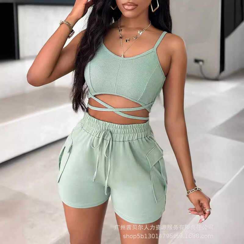 Short Pant Sets Women Two Piece Set Solid Regular Slim Fit Round Neck Sleeveless Sling Tops Elastic Waist Lace Up Pants Summer