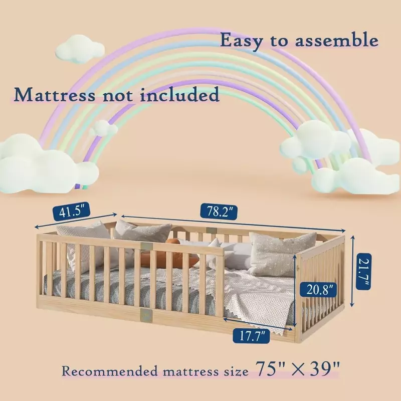 Двуспальные кровати с безопасными поручнями, Детские Напольные кровати Монтессори, деревянные детские напольные кровати