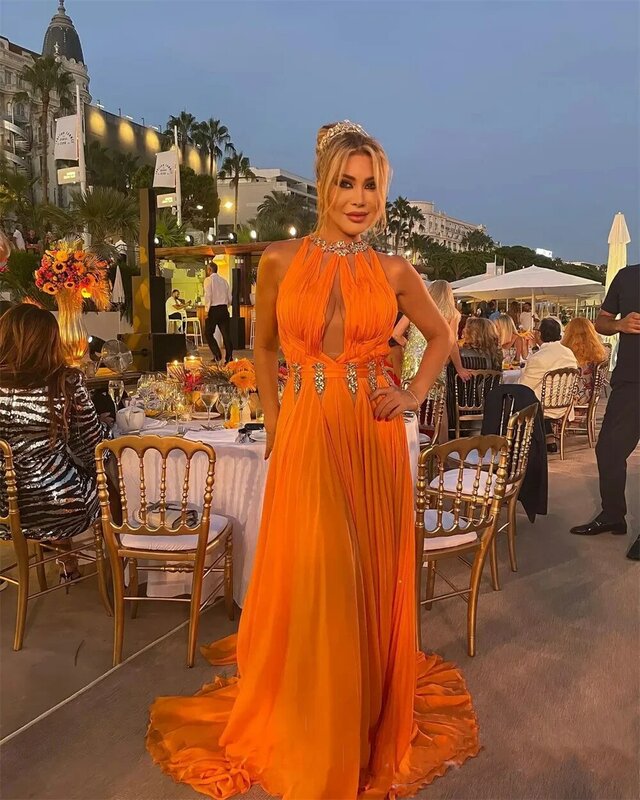 Gaun Prom A-line oranye Arab yang indah gaun pesta Formal malam sifon manik-manik kristal untuk wanita ukuran Plus