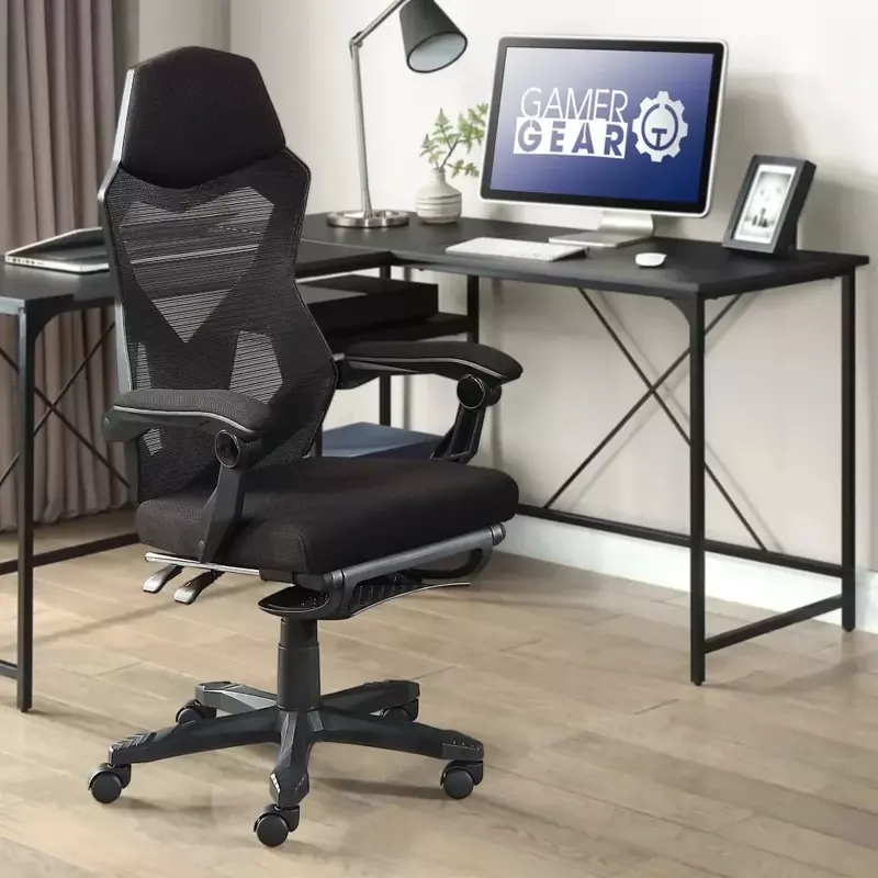 Gaming Office Cadeira com Perna Extensível Resto, Estofados de Tecido Preto, Sofá Livre, Chaise Chaise Salon, Cadeira da sala