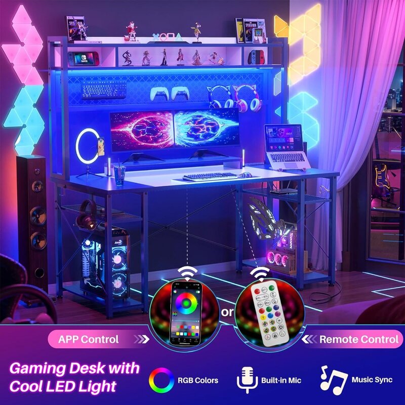 Armocity 2024 Upgrade Gaming Desk con Hutch, scrivania per Computer magica da 55.2 ''con luci e prese a LED, Workstation reversibile
