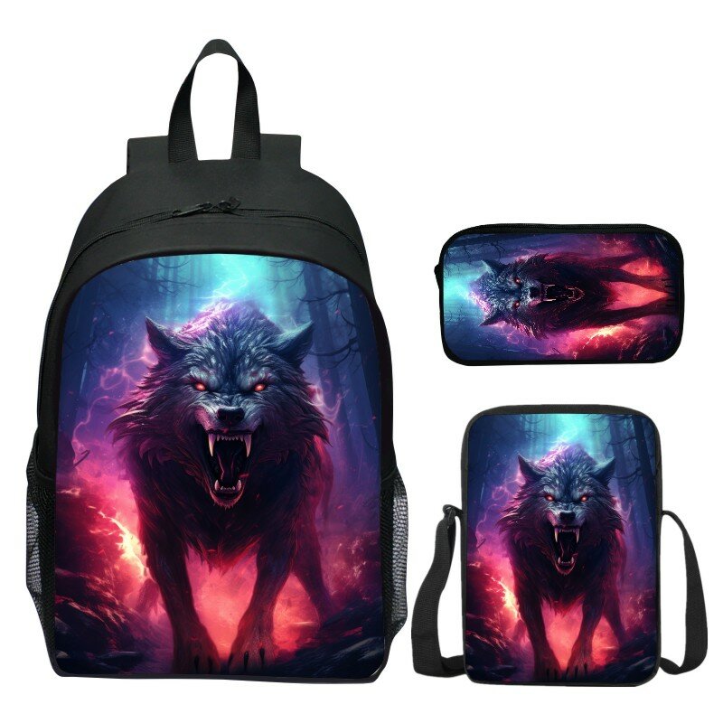 Angry Wolf Print Children Backpack 3pcs Set Students School Bag Boy Spider Patttern Bookbag Hight Quality Laptop Backpacks Teens