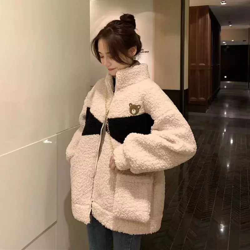 Mantel katun wol tebal wanita, mantel katun hangat kerah berdiri longgar musim dingin baru 2022