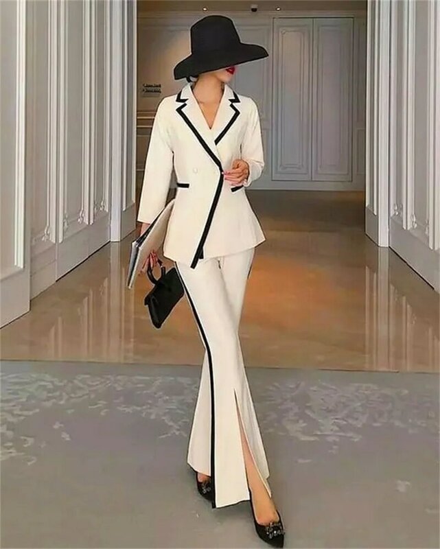 Conjunto de traje de diseñador para mujer, chaqueta de esmoquin Formal de oficina, traje de Blazer + Pantalones, 2 piezas, blanco y negro, hecho a medida