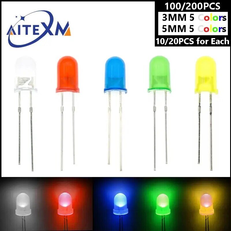 Kit surtido de diodos LED de 3mm y 5mm, 100 piezas/200 piezas, blanco, verde, rojo, azul, amarillo, F3 y F5