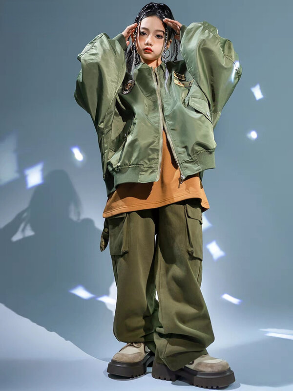 Костюм джазовый детский для танцев, зеленая куртка, брюки камуфляжные, в стиле хип-хоп, одежда для выступлений и танцев, для мальчиков и девочек