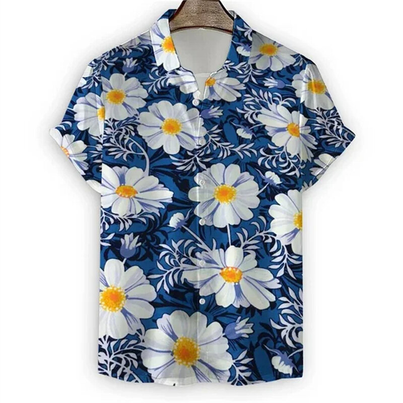 Crisântemo masculino camisa havaiana com estampa 3D, camisas de praia casuais de manga curta, blusa de peito único, roupas masculinas, moda
