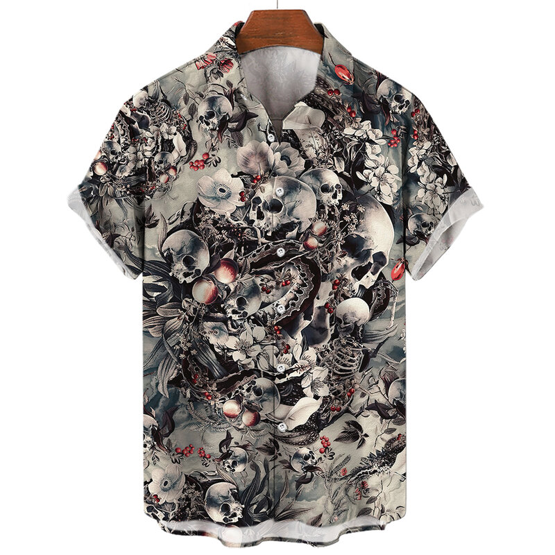 Camisas de calavera Hawaiana de gran tamaño para hombres, blusa Social diaria de verano de alta calidad, ropa de calle Harajuku, Tops góticos de manga corta con botón