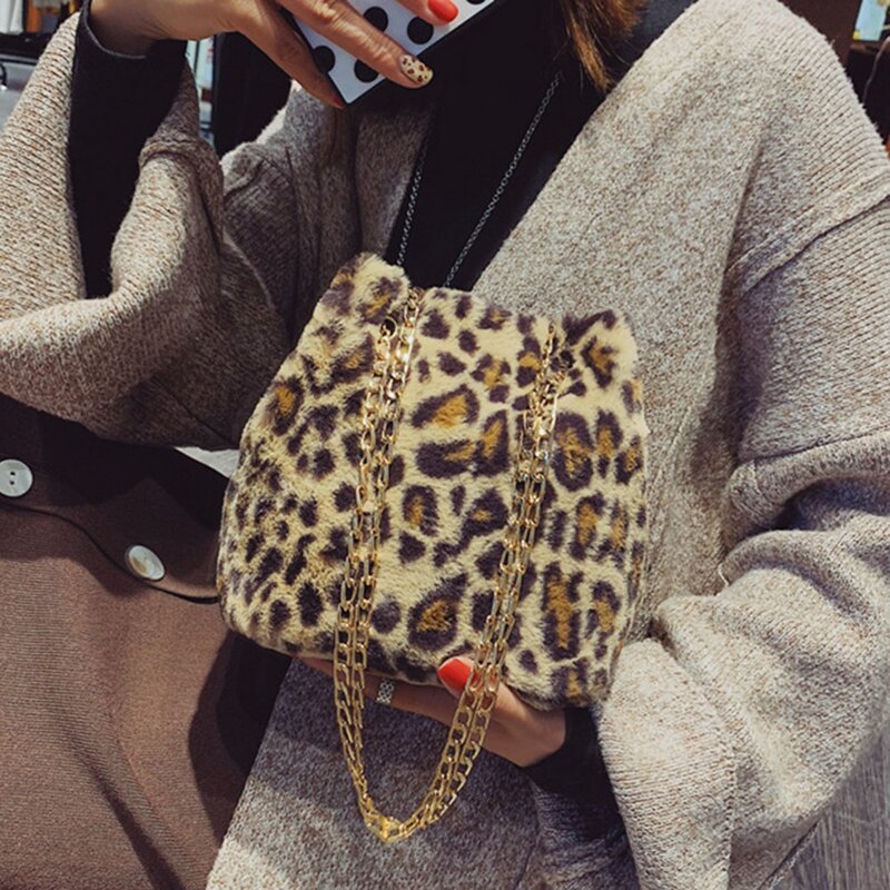 Beliebte tägliche Mode tasche Leoparden muster Plüsch Messenger Handtasche Winter kette Tasche Eimer Schulter