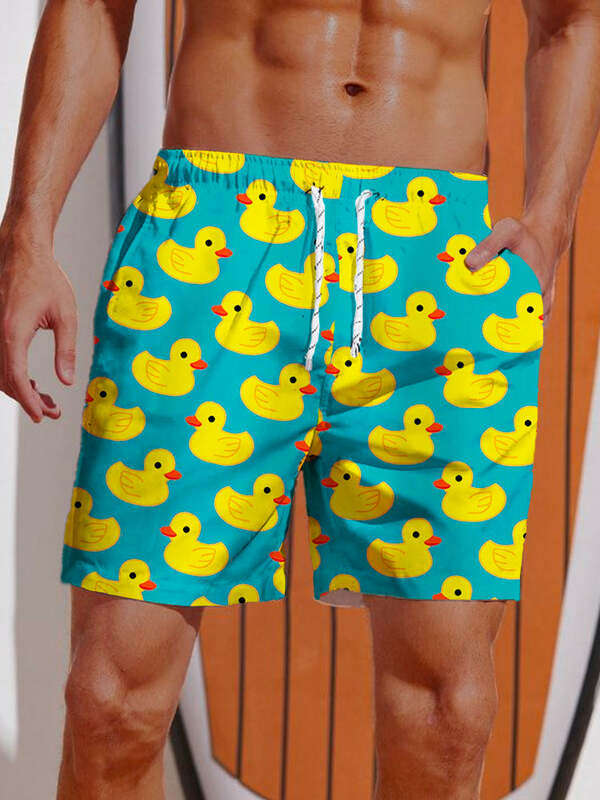 Pantalones cortos con estampado de pato amarillo Hawaiano para hombre, bañadores cortos con cintura elástica, estampado 3D, ropa de calle transpirable, novedad de verano