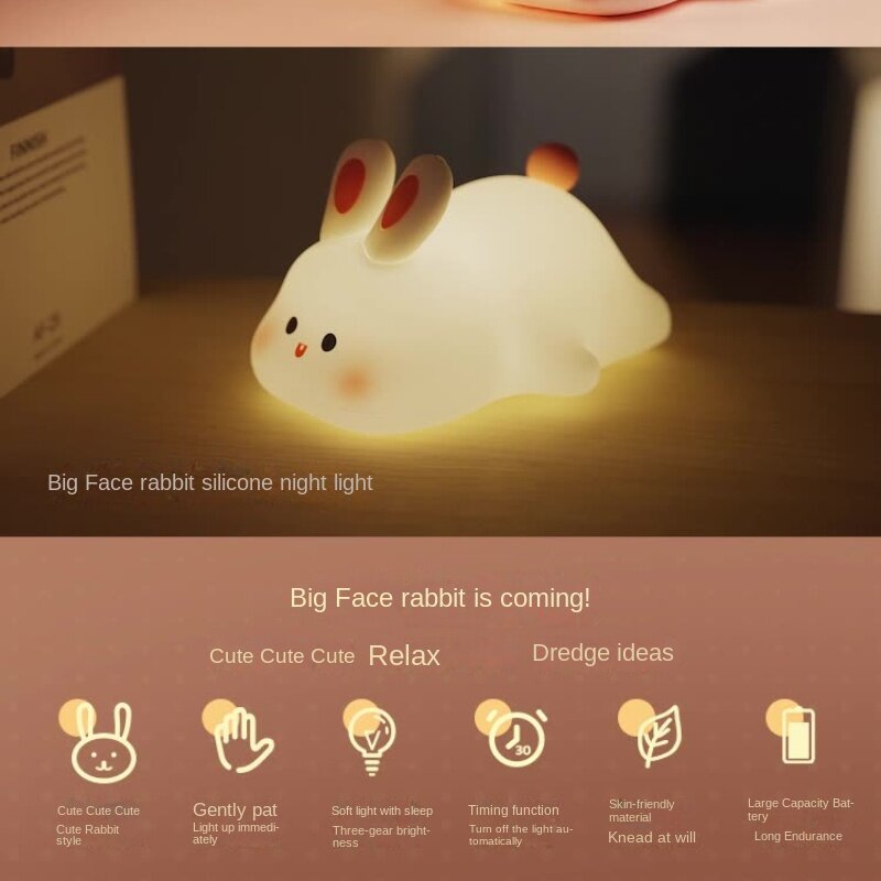 LED 야간 조명 귀여운 큰 얼굴 토끼 야간 조명, 어린이 센서 타이밍, USB 충전식, 생일 선물, 침실 장식