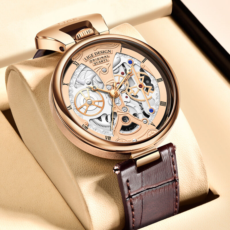 LIGE kreatywne zegarki kwarcowe modne na co dzień wodoodporne Auto datowanie skórzany zegarek męski luksusowy zegarek dla mężczyzn Relogio Masculino + Box