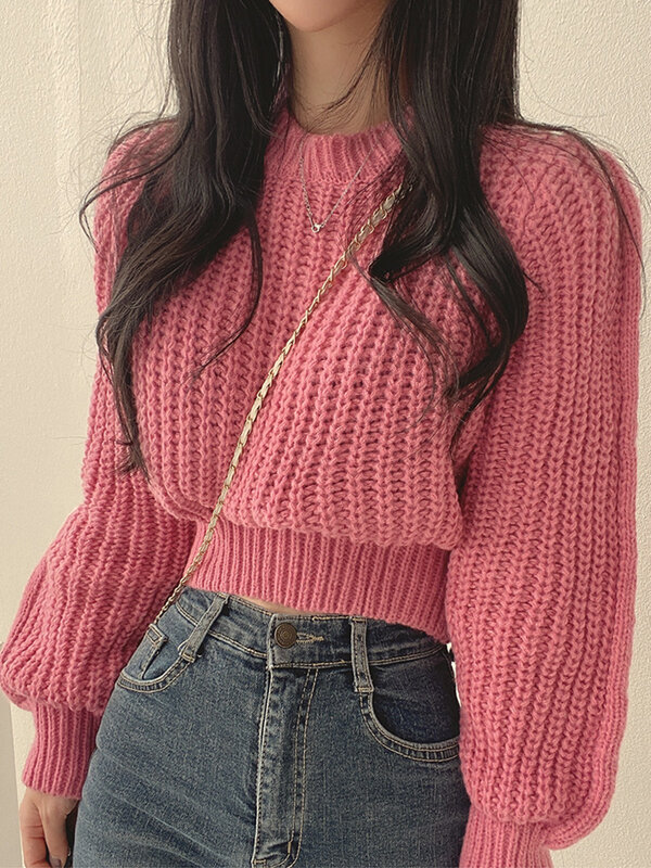 Sweter lengan panjang wanita, baju rajut Vintage Harajuku lentera lengan panjang kasual Korea musim gugur musim dingin lembut hangat atasan Chic Solid Femme