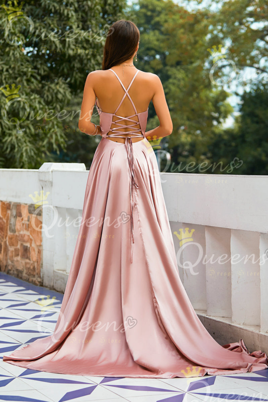 QueensLove Wedding Satin Bridesmaid Dress V-Neck Spaghetti Open Back Sexy Club Wear Strapeless Growns Prom Party Dress Customize