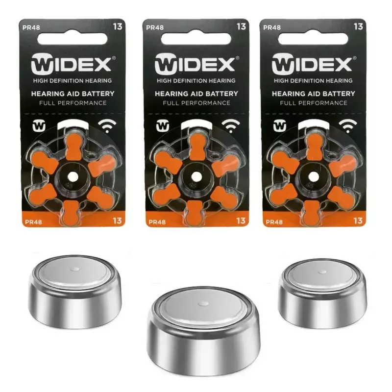 Box of Widex Hearing Aid Batteries, Laranja PR48 Zinc Air, Tamanho 13, A13, 13A, 60 Células de Bateria