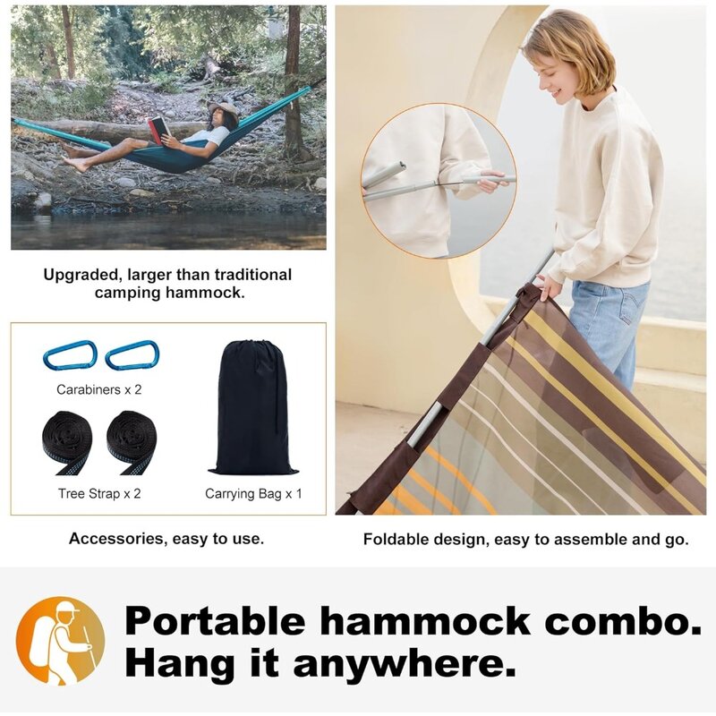 Two Person Outdoor Hammock, Camping portátil com Folding Aço Espalhador Bar, Bolsa de transporte, Correias árvore, 14ft