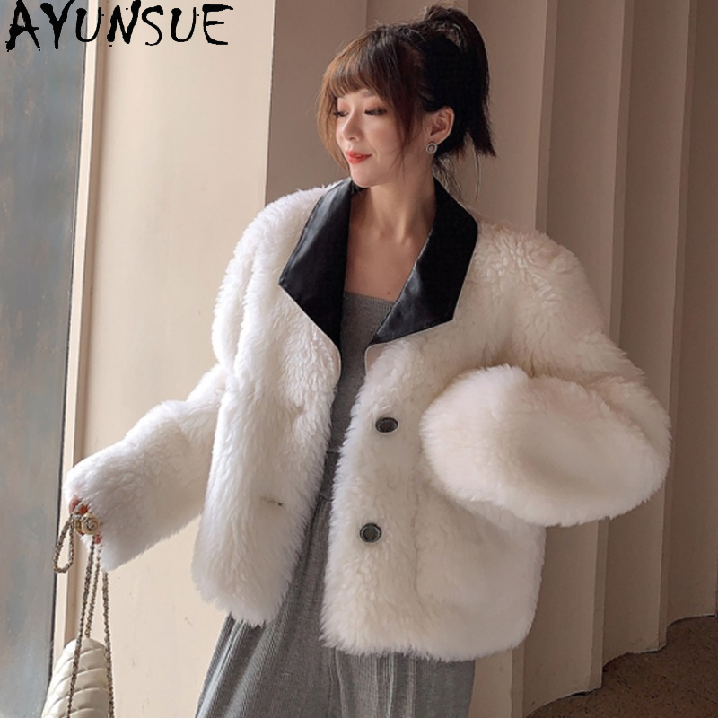 AYUNSUE 100% Wool Jacket for Women 2023 Korean Fashion Fur Coat Women Autumn Winter Short Wool Coats and Jackets Leather Collar