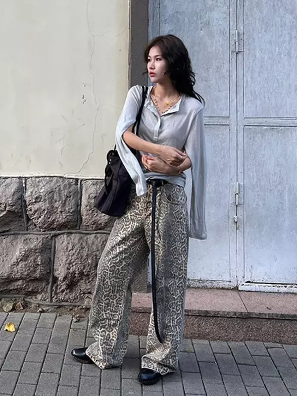 Kobiety dżinsy z wysokim stanem lampart koreański styl Casual Y2k Retro Harajuku proste workowate spodnie popularne w stylu Retro spodnie Streetwear