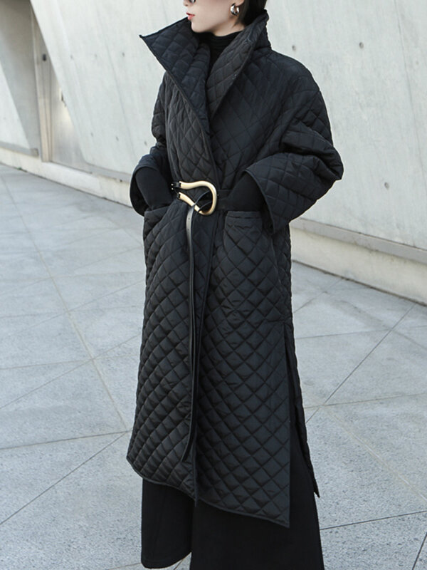 [Eam] schwarzer großer, langer, mit Baumwolle gepolsterter Mantel mit langen Ärmeln und lockerer Passform