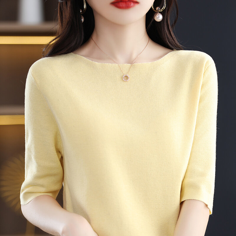 반소매 라운드넥 루즈핏 캐시미어 니트 셔츠 여성용, 얇은, 중간 소매, 봄 가을