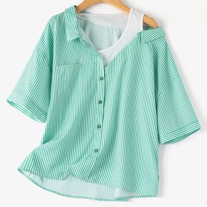 Blusa de retazos de manga corta para mujer, camisa elegante de verano, blusa informal a rayas falsas de dos piezas para trabajo y vacaciones, E71