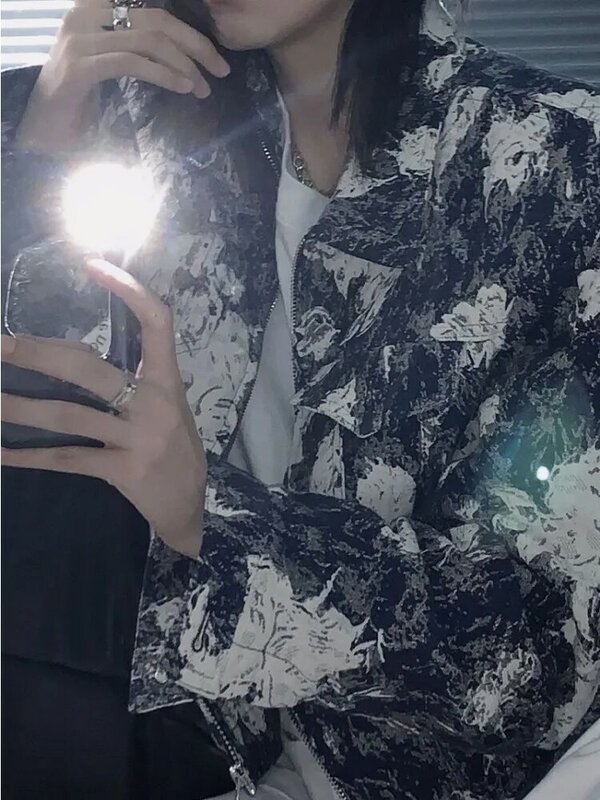 UNXX-Jaquetas curtas com padrão Jacquard retrô para mulheres, casacos de carga com zíper casual coreano, roupas grandes Harajuku para casais, primavera e outono
