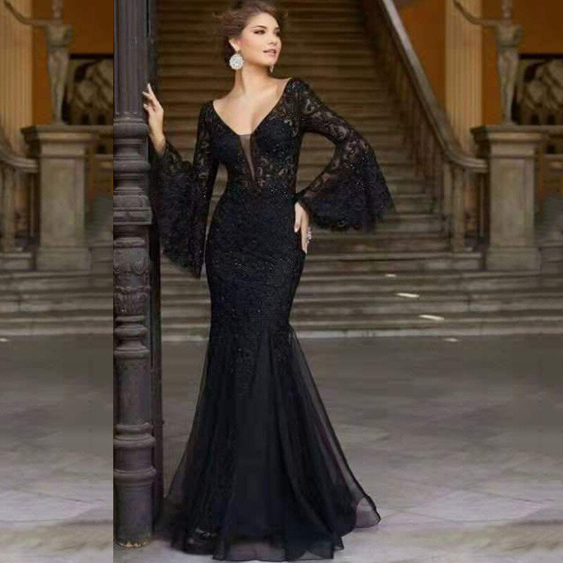 2024 New Lace Embroidered Evening Dress with Elegant and Sexy Appearance Slim Fit Wide Sleeves Fishtail Long Banquet Vneck Dress
