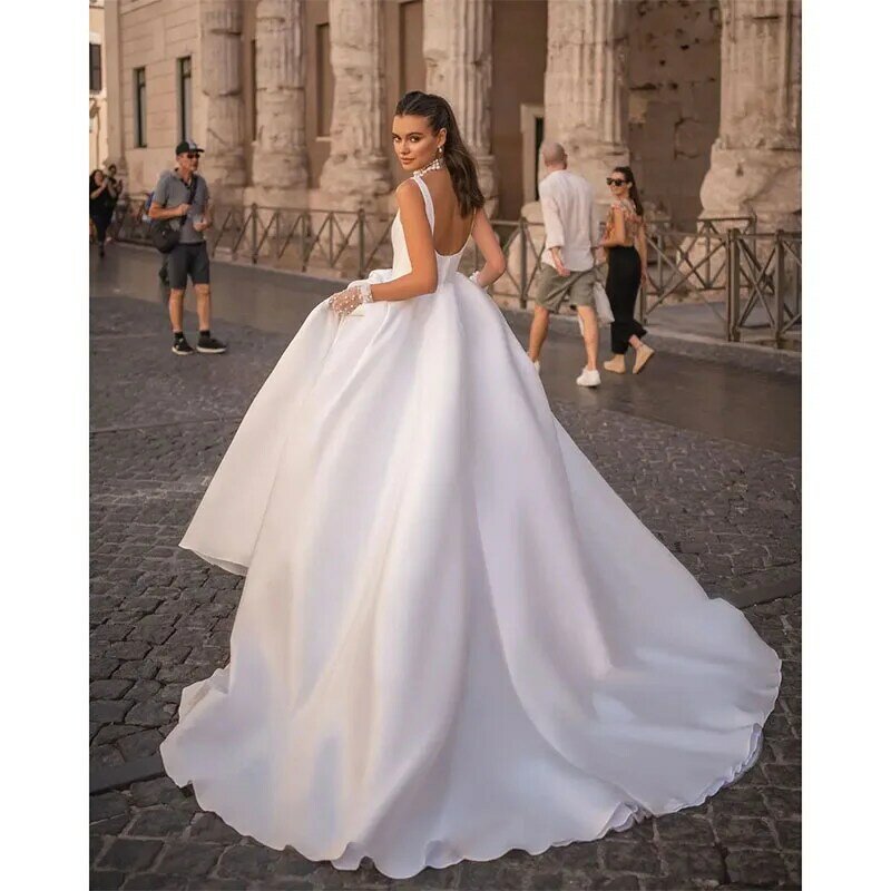 Elegant  A Line Wedding Dresses Straps Backless Satin Bride dresses Sleeveless Sweep Train Designer Bridal Gowns