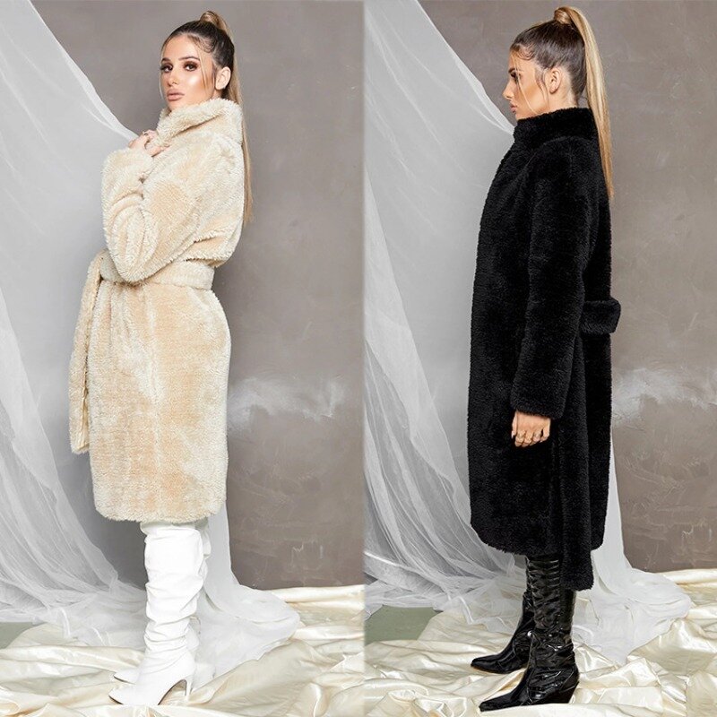 S-3XL 여성용 인조 모피 루즈 플러시 코트, 따뜻한 스탠드 업 칼라 벨트 장식 의류, 가을 겨울