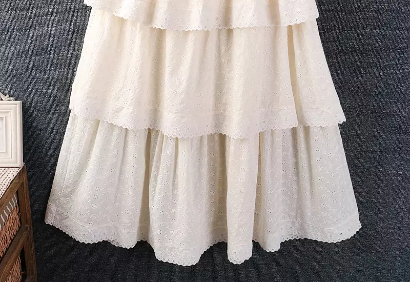 Spring Summer Japan Style Mori Girl Hollow Flower Embroidery Skirt Women Elastic Waist Double Layer Cotton and linen Skirts