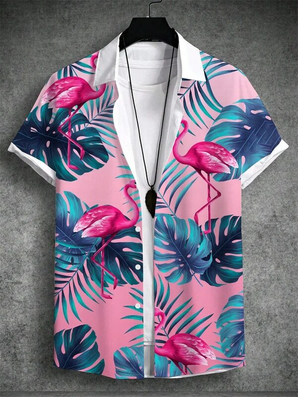 Гавайская Мужская рубашка с коротким рукавом, топ с принтом тропических растений, однобортная повседневная одежда оверсайз для отдыха на море, лето