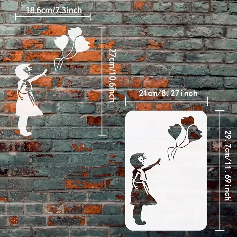 Estêncil Banksy reutilizável para parede e artesanato, estêncil de pintura, o humano com um balão, retângulo, tamanho A4