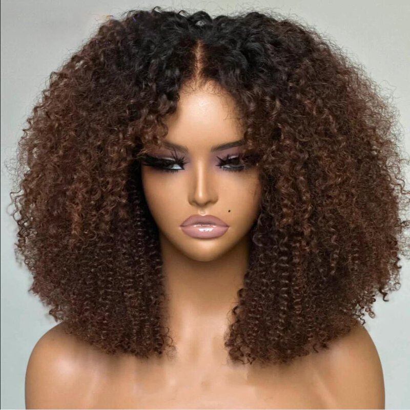 Peluca rizada de corte corto suave para mujeres negras, pelo de bebé predespuntado sin pegamento, color marrón degradado, 180de densidad, encaje frontal profundo