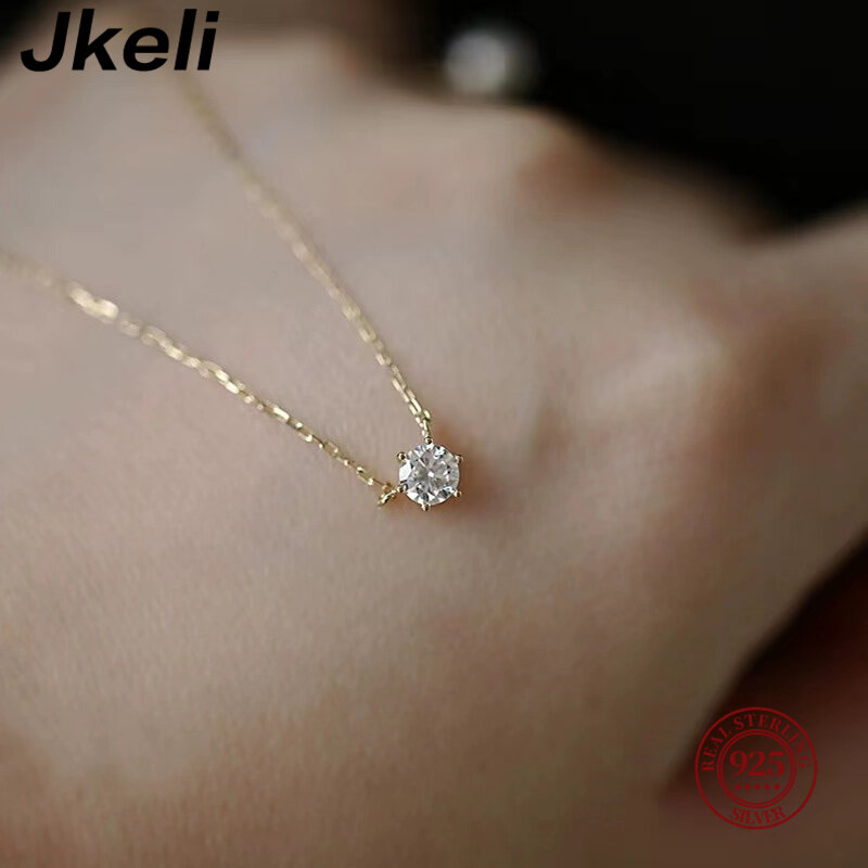 Jkeli-925 Sterling Silver 18K Colar Banhado a Ouro para Mulheres, Único Espumante Zircão Clavícula Cadeia, Jóias De Casamento