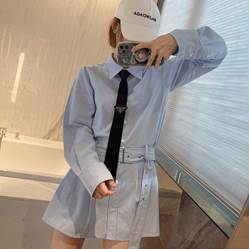 High Quality Korean Fashion TB Designer Blue Love Shirt A-Line Pleated Dress Long Sleeve Dress Shirt Dress Women's Gift Tie