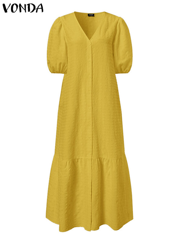 플러스 사이즈 5XL VONDA 여성용 셔츠 드레스, 반팔 긴 맥시 드레스, 보헤미안 우아한 파티 로브, 섹시한 V넥 버튼, 2023 여름