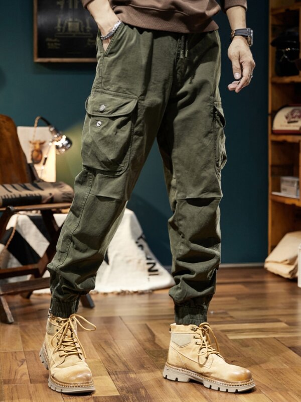 Брюки-карго мужские с несколькими карманами, хлопковые облегающие джоггеры на молнии, повседневные штаны для работы, уличная одежда, весна-лето 2023
