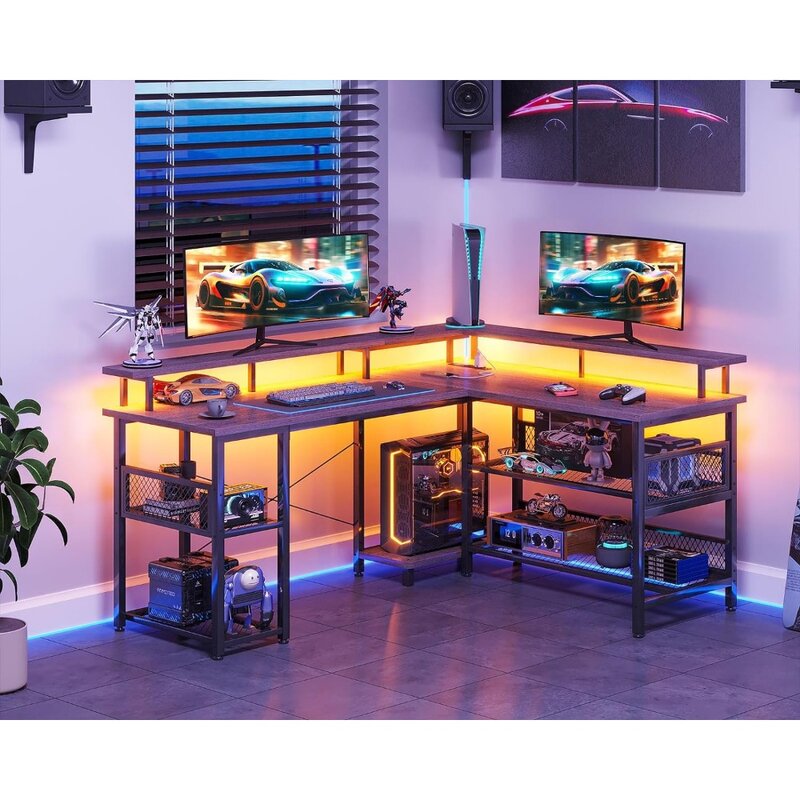 ODK-L Shaped Gaming Desk com Power Outlet e luzes LED, mesa de jogos reversível para PC, portas USB, 59 em
