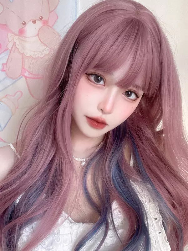 26Inch Pinky Purple Highlight Blue-Gray Synthetic Wigs With Bang Long Natural Straight Hair Wig For Women Daily Heat Resistant