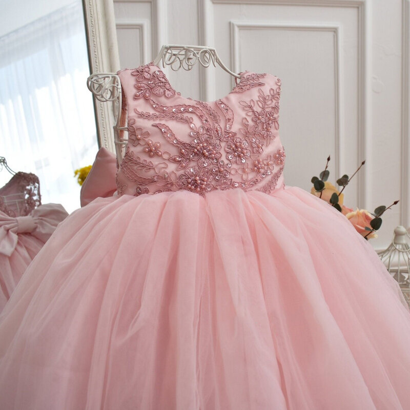 가벼운 핑크 꽃 소녀 드레스, 얇은 명주 그물 진주 꽃 아플리케, 활 민소매 결혼식 생일 파티 연회 가운