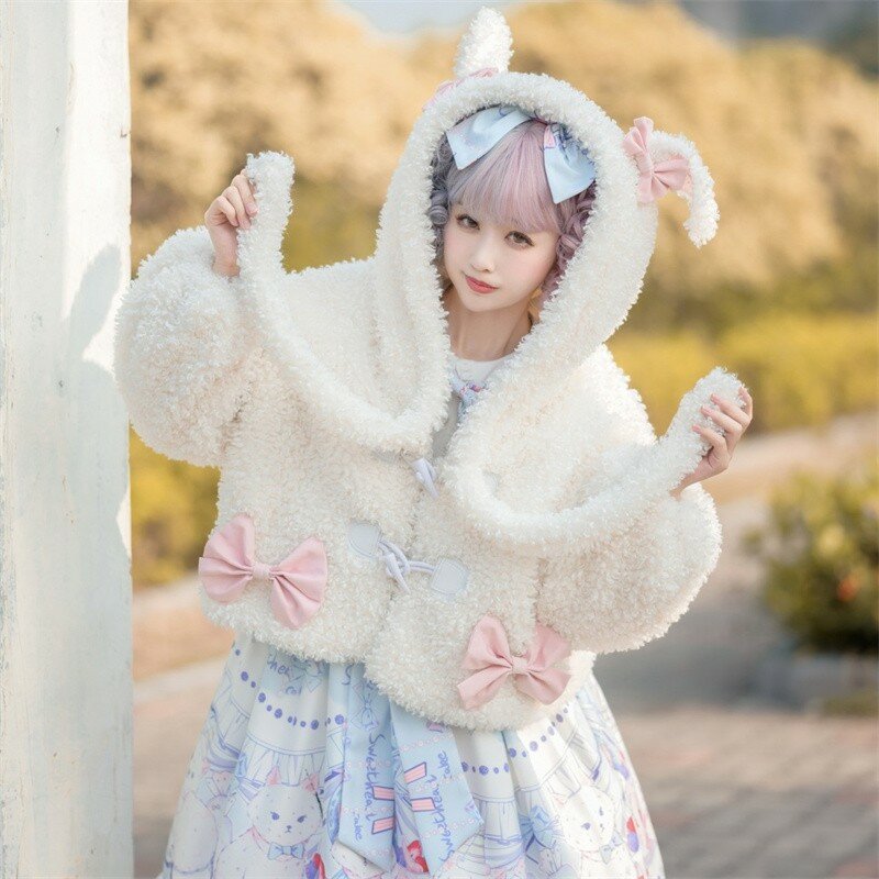 ญี่ปุ่น Girly Sweet Lolita Coat ฤดูใบไม้ร่วงฤดูหนาว Warm Soft เสื้อคลุม Plush กระต่ายหู Hooded Cape ผู้หญิง Kawaii Outwear Jacket
