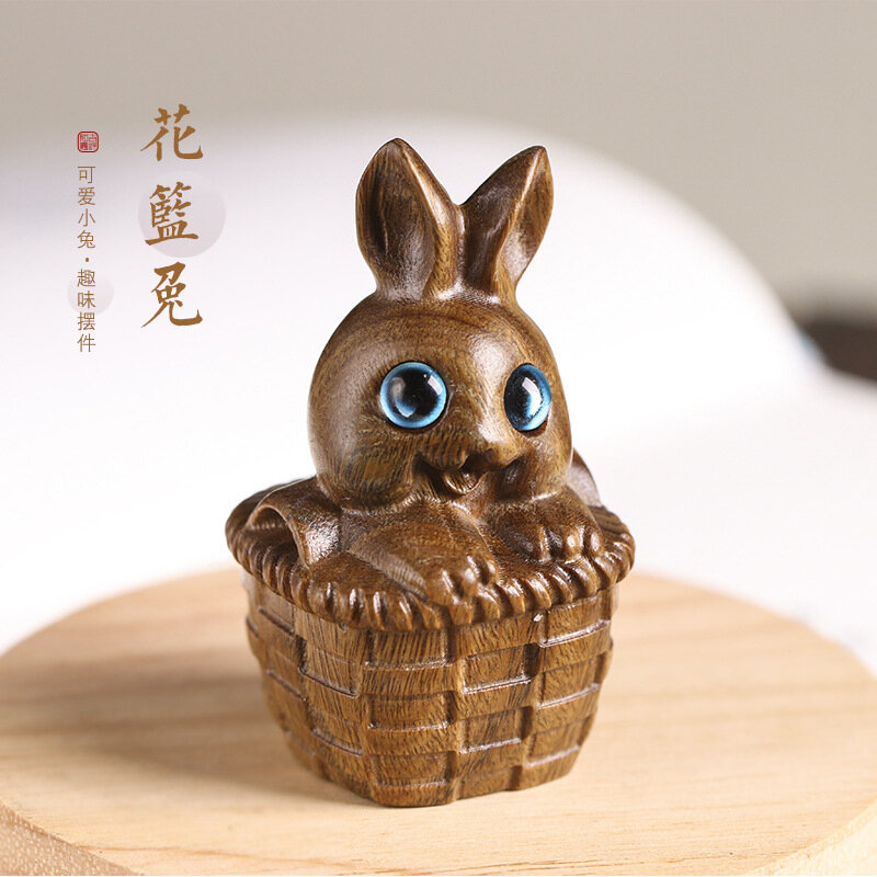 Adornos de conejo en miniatura, 1 piezas, artesanías de tallado de madera, decoración de conejo del zodiaco, cesta de flores, accesorios de oficina