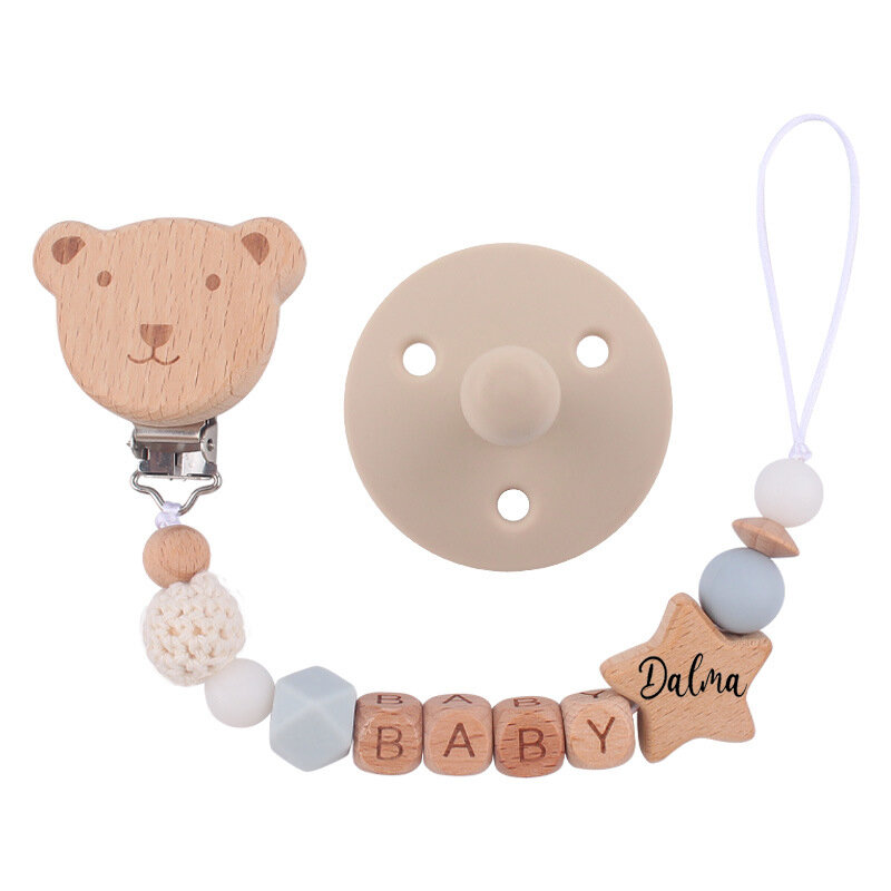 Clip personalizado para chupete de bebé, accesorio con nombre personalizado, recuerdo para recién nacido, suministros de madera para bebé, regalo para madre, 2023